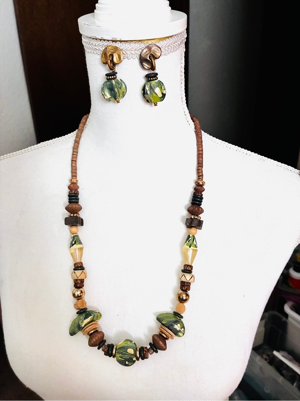 Handcrafted Green and Brown Beaded Necklace & Earring Set
